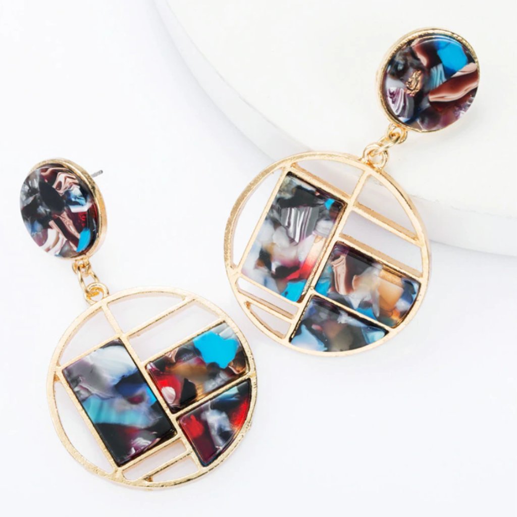 Red Blue Gold Green Acrylic Round Drop Earrings 15$